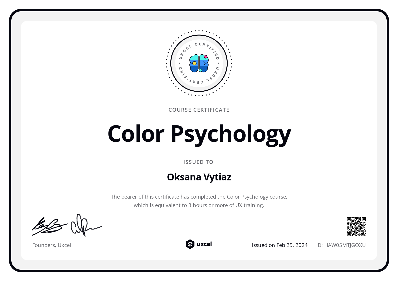 Oksana Vytiaz's certificate